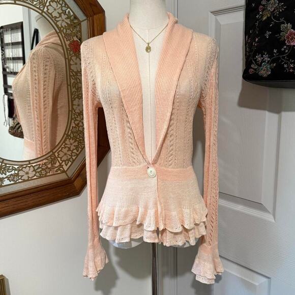 Y2K Ralph Lauren Peachy Pink Linen Open Knit Crochet Bell Sleeve Cardigan S - Picture 1 of 7